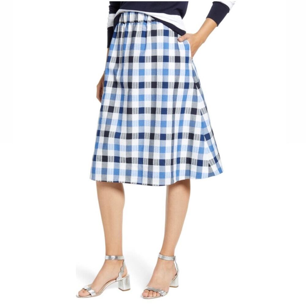 NWT 1901 Checkered Midi Skirt Blue White Plaid Cotton Swing A-line Knee Length